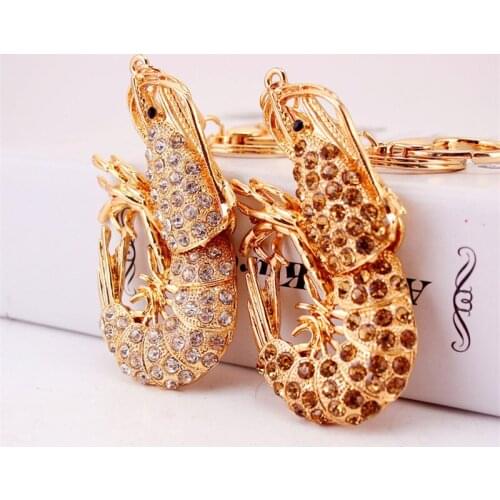 Creative brown rhinestone base shrimp key ring 8.6x3.7cm lobster key ring metal pendant jewelry small gift giveaway