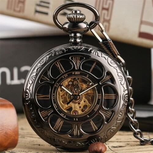 Punk Pumpkin Flower Hollow Mechanical Self Winding Pocket Watch Exquisite Retro Roman Numerals Automatic Pocket Chain Timepiece