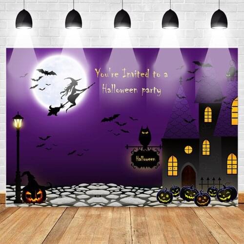 Mehofoto Halloween Party Photography Backdrops Scary Pumpkin Lantern Castle Bat Background Big Moon Purple Style Backdrop
