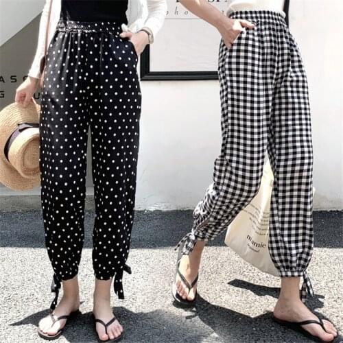 Fashion Big Size Women Chiffon Pant Casual Plaid Pant Summer Loose Lady Eastic Waist Thin Polka Dots Pants Harem Trousers WZ1395