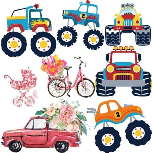 Cartoon Go Kart Car Patches Iron On Transfer For Clothing Flower Patch Heat Thermal Transfer For Clothes Sticker DIY Accessory