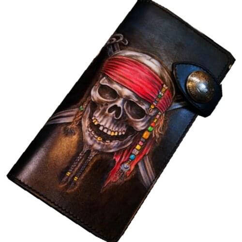 Handmade Genuine Leather Wallets Skeleton Pirates Purses Men Long Clutch Vegetable Tanned Leather Wallet Card Holder