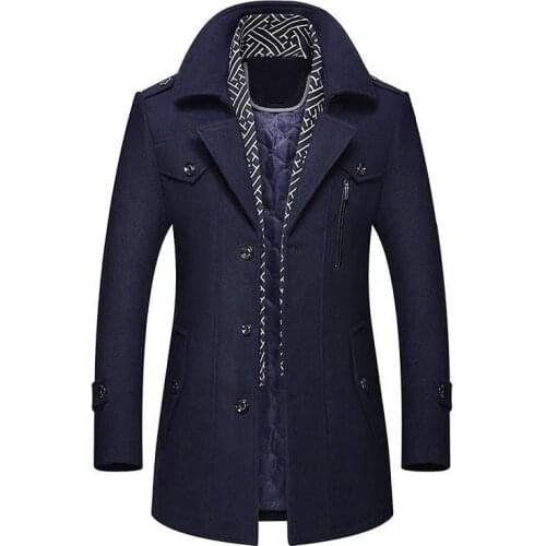 Winter Mens Wool Coat 2021 New Middle Long Scarf Collar Cotton-padded Thick Warm Woolen Coat Male Trench Coat Overcoat