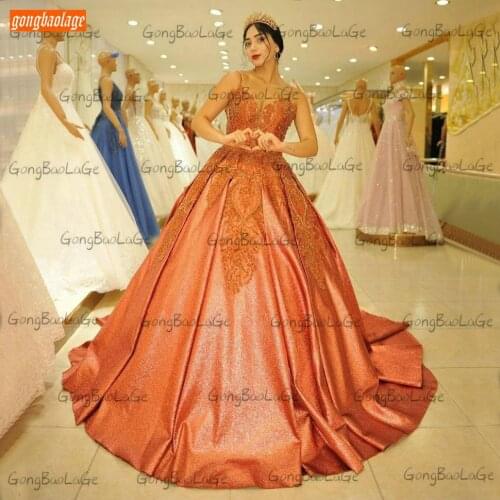 Fashion Orange Prom Gowns Long 2020 vestidos de fiesta Lace Up Appliqued Beaded Satin Ball Gown Women Dresses Party Formal Dress