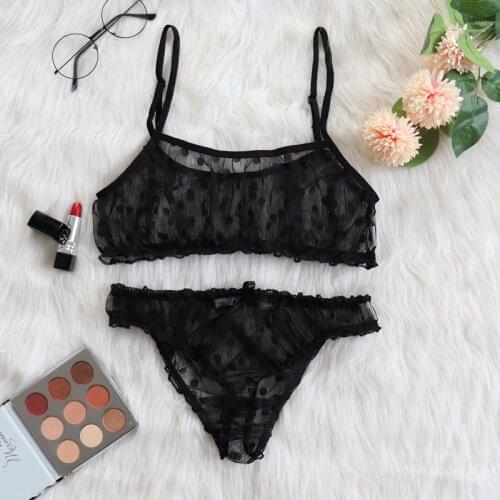 New Sexy lingerie erotic underwear Polka Dot Mesh Frill Trim Lace lingerie set top lace invisible bra set bras for women