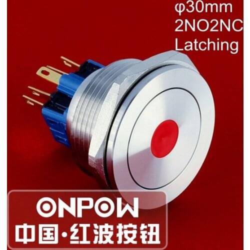 ONPOW 30mm 2NO2NC Spot LED Waterproof IP65 Latching On-off Stainless Steel Push Button Switch (GQ30PF-22ZD/R/12V/S) CE, ROHS