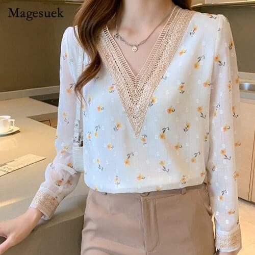 Autumn Print Elegant Chiffon Blouse Women V-neck Floral Long-sleeved Woman Shirt Casual Retro Fashion Flowers Shirt Woman 16376