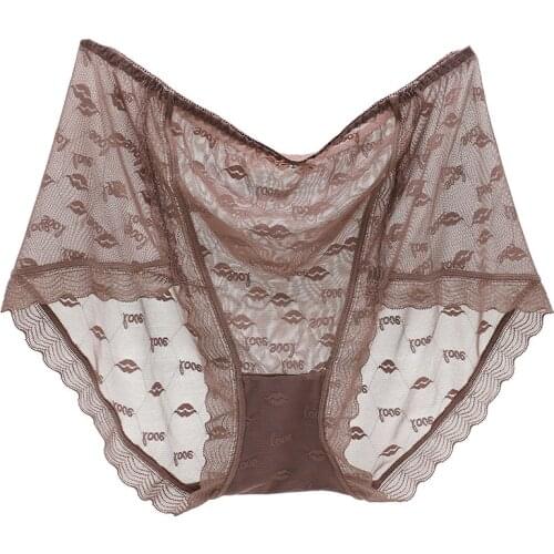 Sexy Lingeries Briefs Women Underwear Plus Size 6XL Thin Transparent Lip Print Lace Hollow Fashion Womens Panties