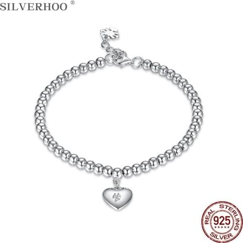 SILVERHOO 925 Sterling Silver Bracelet Exquisite Fashion Personality Jewelry Bead Heart Bracelet Anniversary Gift for Girlfriend