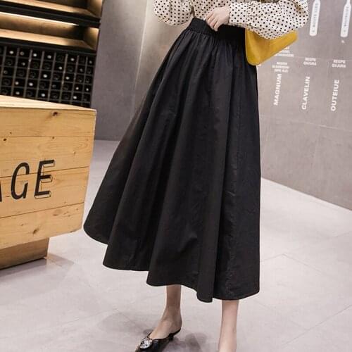 TingYiLi Women Vintage Cotton A-line Skirt Spring Autumn High Waist Pleated Midi Skirt Korean School Green Blue Black Skirt Long