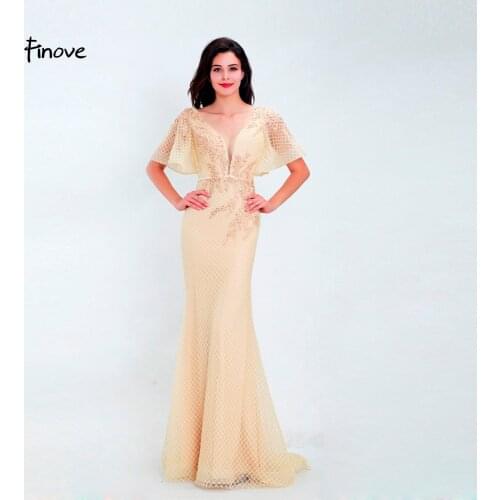 Finove Evening Dress Long 2020 New Party Dress Champagne Chic Cap Sleeves Sexy Deep V Neck Woman Clothing Dress Gowns Plus Size
