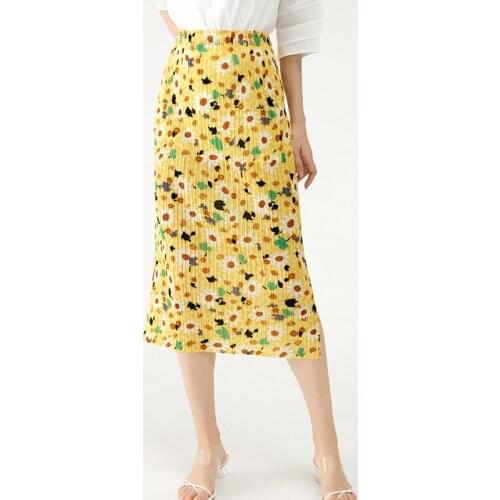 Miyake pleated Printed woman Skirt 2021 Summer New High Waist Mid-length Thin elegant Floral Long Skirt for woman
