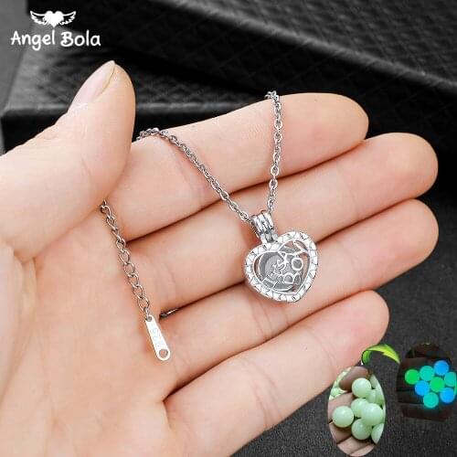 Stainless Steel Women Love Heart Pendant Hollow Luminous Stone Pendant Necklace Gifts Moon Glowing Necklace Gem Charm Jewelry
