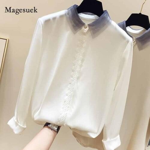Plus Size 4XL Vintage Long Sleeve Shirt 2020 Autumn Korean Slim Mesh Lapel Womans Shirts Lace Stitching Chiffon Blouse 11094