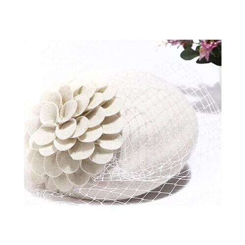 Ivory Blue Flower Womens Dress Vintage Fascinator Wool Pillbox Hat Party