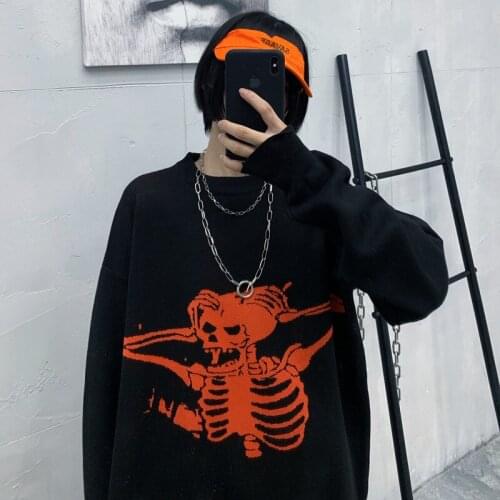 Harajuku Women Loose Sweaters Gothic Punk Skull Pattern Oversized Sweater Long Sleeve Female Streetwear Knit Sweaters