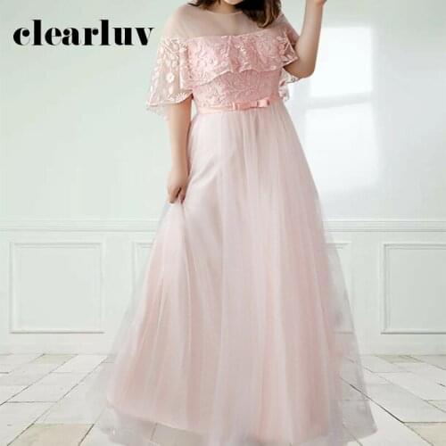 Pink A-Line Women Party Dresses DR1080 O-Neck Half Sleeve Robe De Soiree Embroidery Formal Evening Dress Lace Up Elegant Vestido