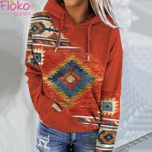 Flokocloset Autumn Print Long Sleeve Hooded Sweatshirt Casual Streetwear Hoodies Women Pullovers