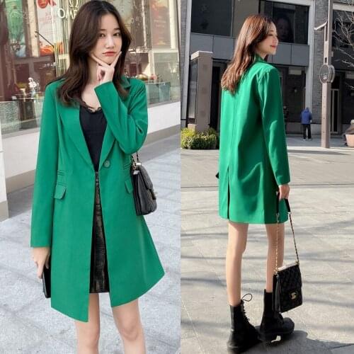 Green 2021 Spring And Autumn New Suit Jacket Female Korean Fashion Mid-Length Casual Blazer Trend Windbreaker Outerwear M11