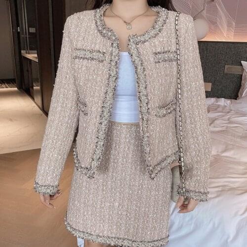 Woolen Jacket Coat Mini Skirt Set Two Piece Outfits 2021 Autumn Winter Vintage Tweed Two Piece Set Women Fashion Fringe Beading