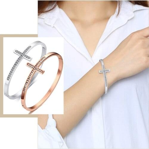 Womens Thin Line Sideways Cross Bangle Bracelets with Bling Cubic Zirconia Birthday Sister BFF Gifts for Her