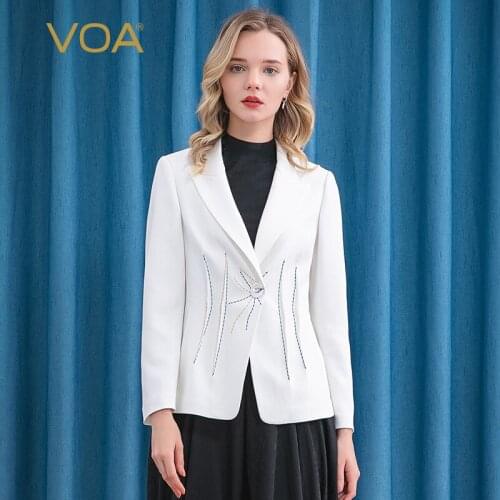 VOA 60m/m Silk Long-Sleeved One-Button Lapel Collar Loose-Leaf Multi-Color Arch Stitch Craft White Coat for Waist WE12