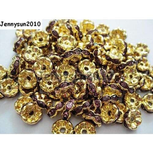 200pcs/lot 10mm Top Quality Czech Light Ame-thyst Crystal Rhinestone Pave Wavy Rondelle Metal Spacer Loose Beads