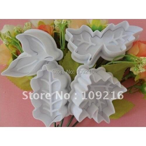 4pcs/set 3D Leaves Food Grade Plastic Cake Biscuit Cookies Decorating Fondant Plunger Cutter Tool Mould