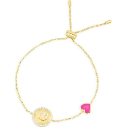 SOELLE Fashion S925 Sterling Silver Yellow Gold Color Smiley Happy Face Neon Pink Heart Adjustable Bracelet Women Brand Jewelry