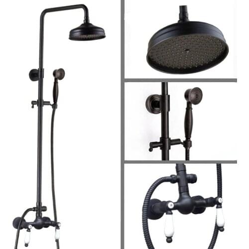 Black Oil Rubbed Brass Dual Ceramic Handle Bathroom 8 Inch Round Rain Shower Faucet Set Bath Mixer Tap Hand Shower mrs477