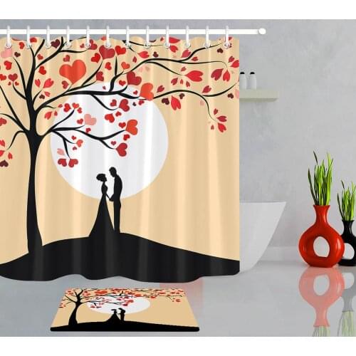 Lovers Moon Love Heart Tree Shower Curtain Door Mat Valentines Day Bathroom Decor Bath Curtain Waterproof Polyester with Hooks