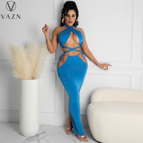 VAZN 2021 Hot Holiday Sexy Hollow Out Sweet Open Young Halter Backless Top High Waist Maxi Skirts Skinny Women 2 Piece Set