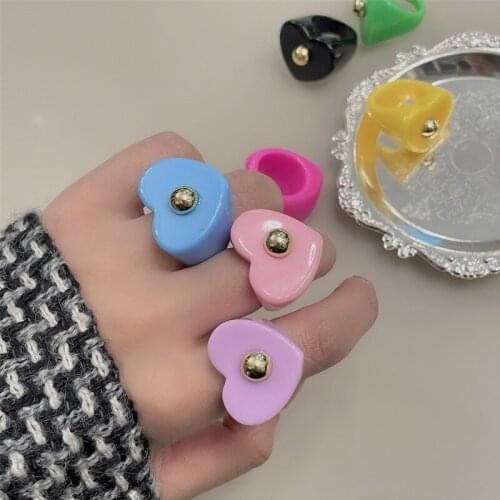 2021 Hot Colourful Resin Rings Cute Sweet Love Heart Design Chic Acrylic Ring Candy Colors For Women Girls Gifts Lovely Jewelry