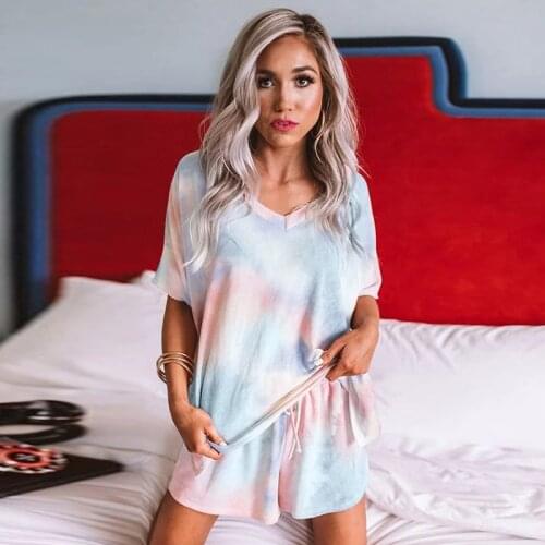 Orange Twist Tie Dye Pajamas Set Women Summer White Leopard V Neck Short Sleeve T Shirt Shorts 2 Two Pieces Suit 5 Colors