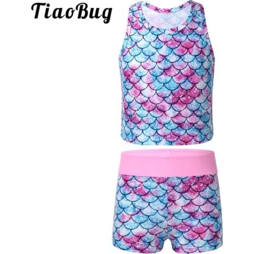 Kids Girls Sleeveless Racerback Fish Scales Printed Tankini Set Swimsuit Swimwear Tops with Bottoms Children Beach Bathing Suit