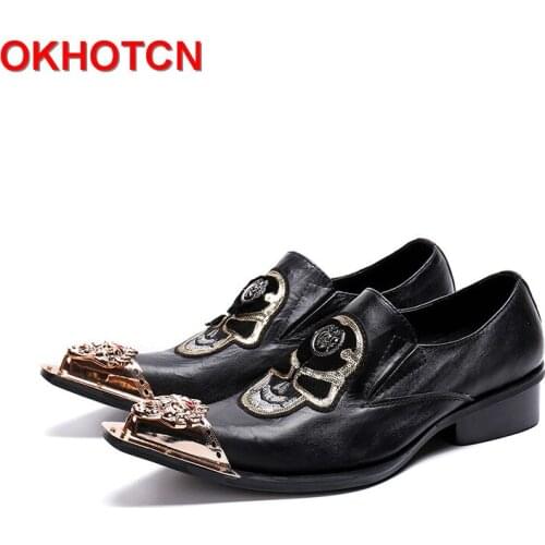 Black Genuine Leather Men Shoes Embroidered Metal Pointed Toe Dress Shoes Men Cow Suede Formal Shoes Fashion New Mocassin Homme