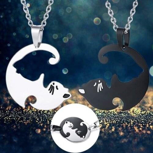 2PCS/Set Titanium Steel Animal Cat Pendants Necklace Couples Necklaces Jewelry