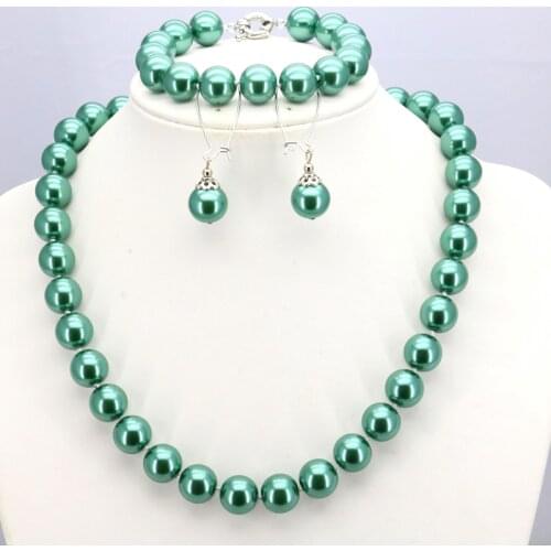 Two color options Dark green / Light green glass pearl necklace set 12mm necklace 18"bracelet 7.5" earring women jewelry making