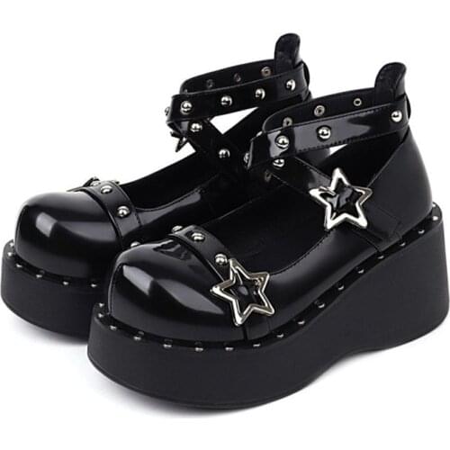 PXELENA JK Harajuku Japanese Rivet Cross Tied Gladiator Cosplay Shoes Women Plus Size 34-43 Wedge Platform Thick Sole Creepers