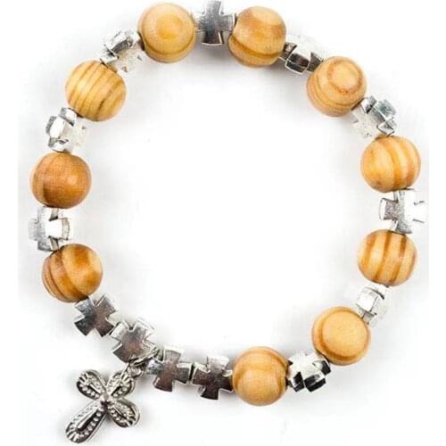 Religious Wooden Beads Rosary Bracelet Prayer Jewelry Zinc Alloy Cross Bracelet Gift