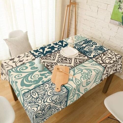 Retro Swirling Floral Splice Cotton Linen Fabric Table Cover Tabletop Cloth for Dining Room Kitchen Checker Flower Art
