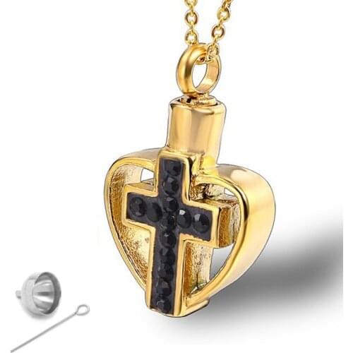 RIR Cross Heart Shaped Urn Pendant Memorial Ashes Keepsake Exquisite Cremation Necklace In Stainless Steel
