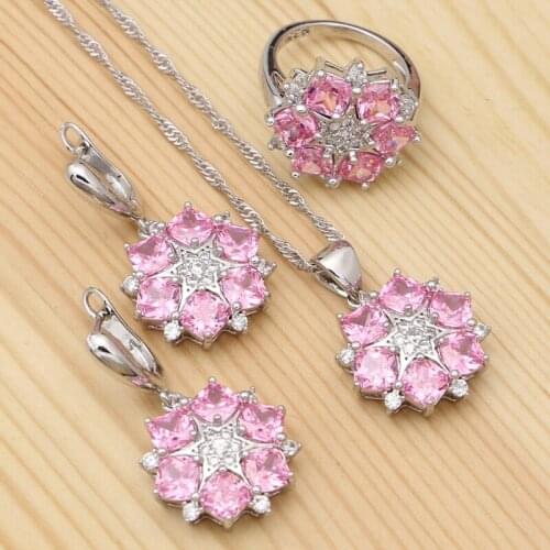 Silver 925 Bridal Jewelry Sets For Women Pink Cubic Zirconia Flower Shape Pendant Necklace Ring Earrings Set