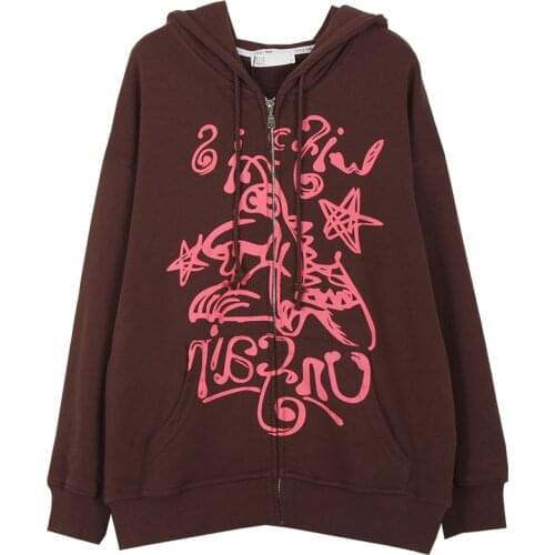 Vintage Brown Color Oversized Hoodies Female Zip Up Long Sleeve Womens Sweatshirt Y2K Aesthetic Autumn Winter Grunge Streetwear