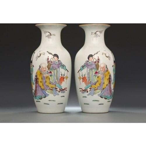 Tongzhi Year Pastel Fu Ru Donghai Fu Xing Decorating Vase [a Pair] Antique Porcelain Antique Porcelain Collection