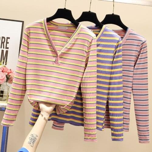 Striped V-Neck Long Sleeve Top Korean Fashion WomenS T-Shirt Female Vintage Clothing Blouses 2021 Kawaii Harajuku