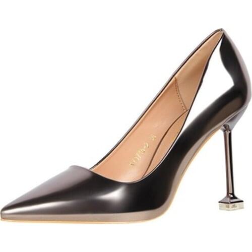Fashion Women Patent Leather Shallow Thin High Heels Shoes Pointed Toe Gold Silver Heels Pumps Female Tacones Mujer Large Size