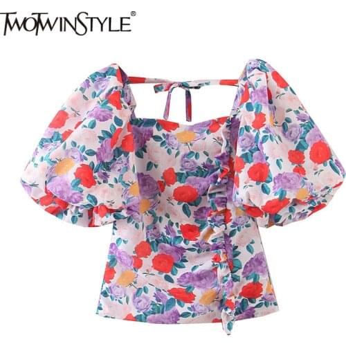 TWOTWINSTYLE Print Floral Short Shirt For Women Square Collar Puff Short Sleeve Lace Up Bowknot Slim Blouse Female Fashion New