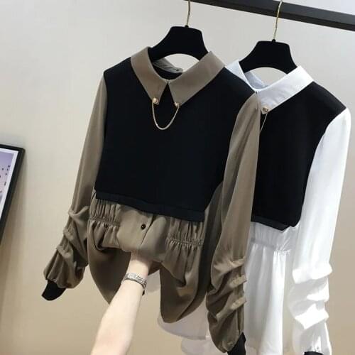 Plus Size Female Clothing 2021 Spring New Blouse Fat Mm Top Mid-Length Tops Cover Belly Fake Two-Piece Shirt Women Ladies L212