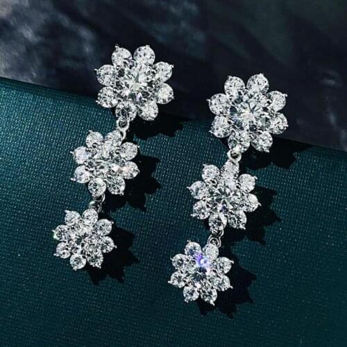 100% 925 Sterling Silver Full High Carbon Diamond Simulate Moissanite Drop Earrings Sparkling Flower Shaped Women Earring